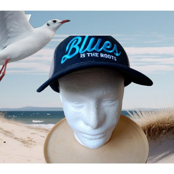 BLUES IS THE ROOTS  MENS Trucker Hat  Mesh Back Snapback Cap 2-Tone Blue & WHITE - Picture 1 of 11